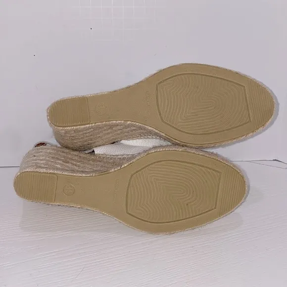 Maypol Wedge Espadrilles White Marbled Leather Gold Tone Rhinestone Buckle 39