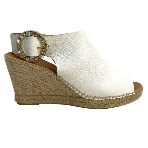 Maypol Wedge Espadrilles White Marbled Leather Gold Tone Rhinestone Buckle 39