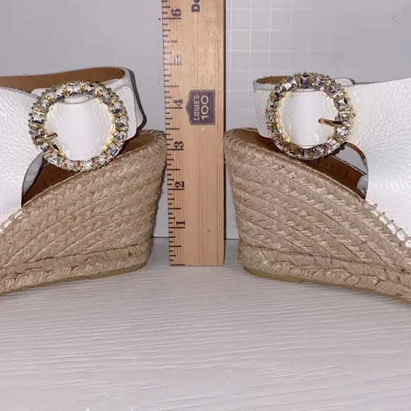 Maypol Wedge Espadrilles White Marbled Leather Gold Tone Rhinestone Buckle 39