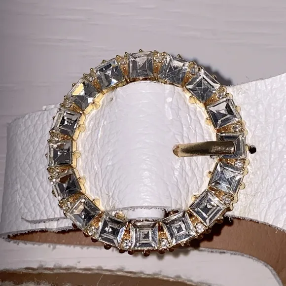 Maypol Wedge Espadrilles White Marbled Leather Gold Tone Rhinestone Buckle 39