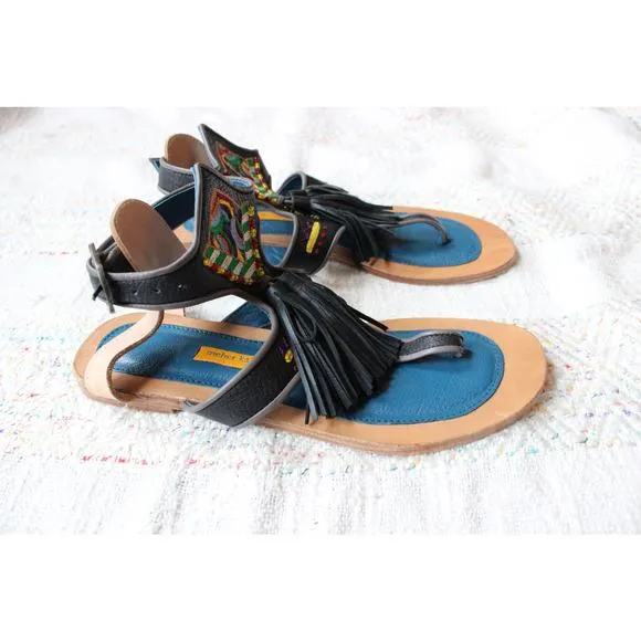 Meher Kakalia Sofia Leather Tassel Embellished Beaded Thong Sandals 37