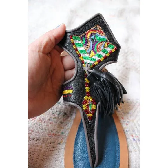 Meher Kakalia Sofia Leather Tassel Embellished Beaded Thong Sandals 37