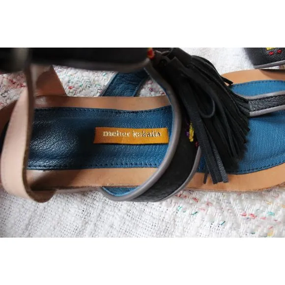 Meher Kakalia Sofia Leather Tassel Embellished Beaded Thong Sandals 37