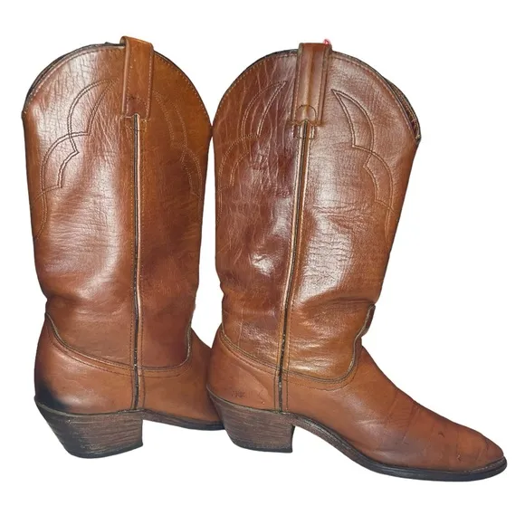 Men's Berman Western Cowboy Boots Brown Leather Stitch Detail Size 9.5 D
