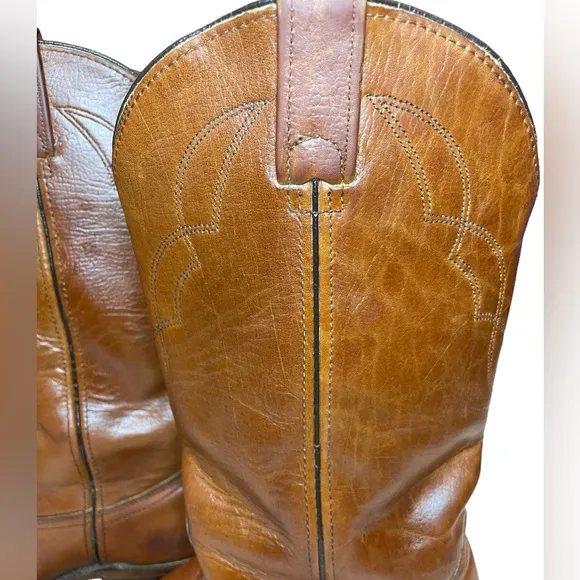Men's Berman Western Cowboy Boots Brown Leather Stitch Detail Size 9.5 D
