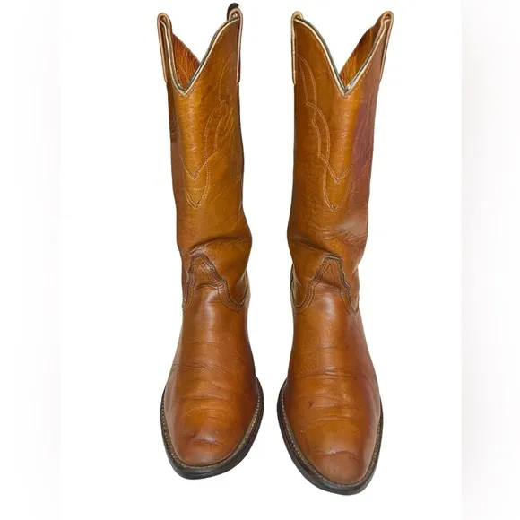 Men's Berman Western Cowboy Boots Brown Leather Stitch Detail Size 9.5 D
