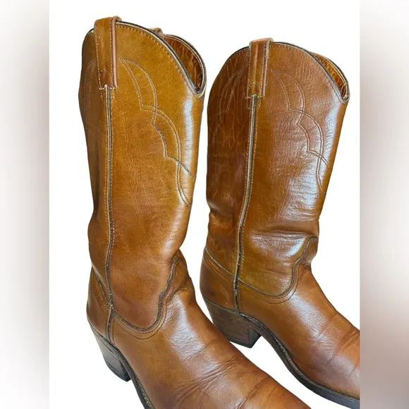 Men's Berman Western Cowboy Boots Brown Leather Stitch Detail Size 9.5 D