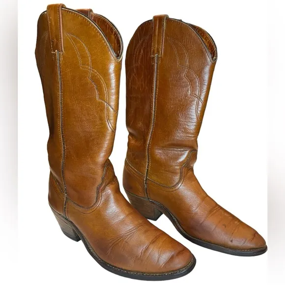 Men's Berman Western Cowboy Boots Brown Leather Stitch Detail Size 9.5 D