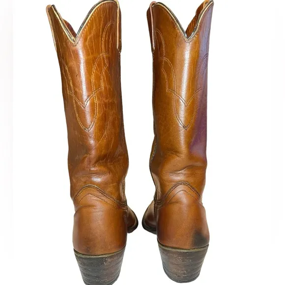 Men's Berman Western Cowboy Boots Brown Leather Stitch Detail Size 9.5 D