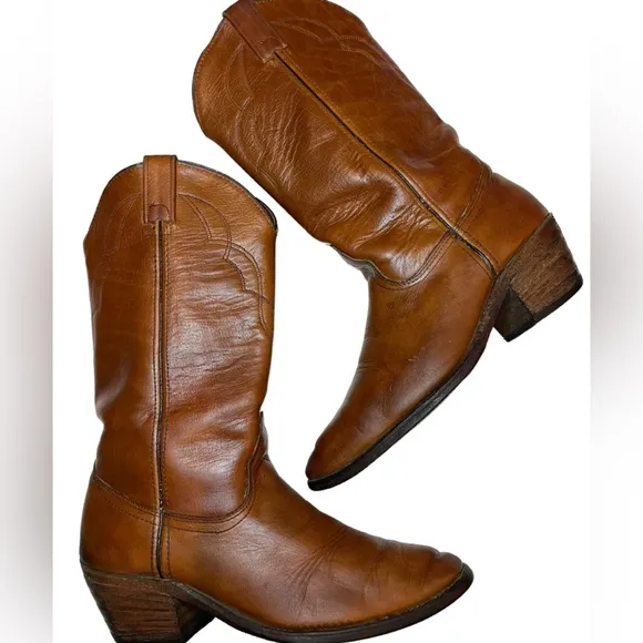 Men's Berman Western Cowboy Boots Brown Leather Stitch Detail Size 9.5 D