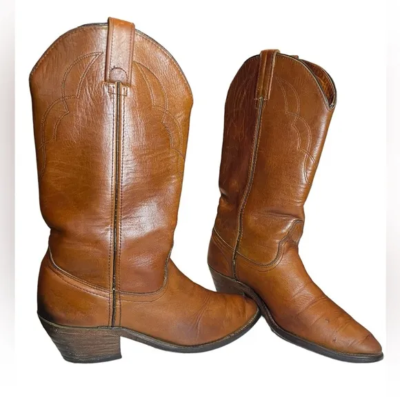 Men's Berman Western Cowboy Boots Brown Leather Stitch Detail Size 9.5 D