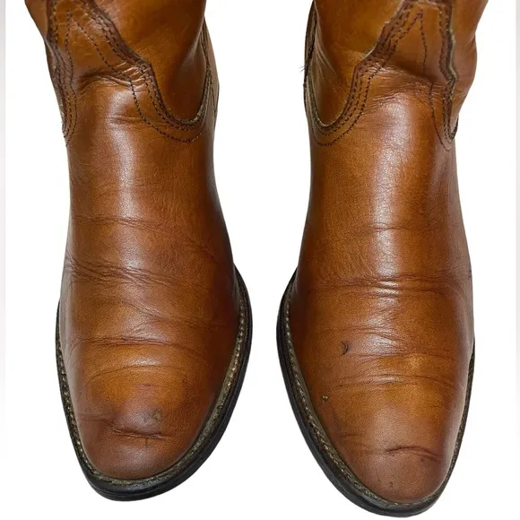 Men's Berman Western Cowboy Boots Brown Leather Stitch Detail Size 9.5 D