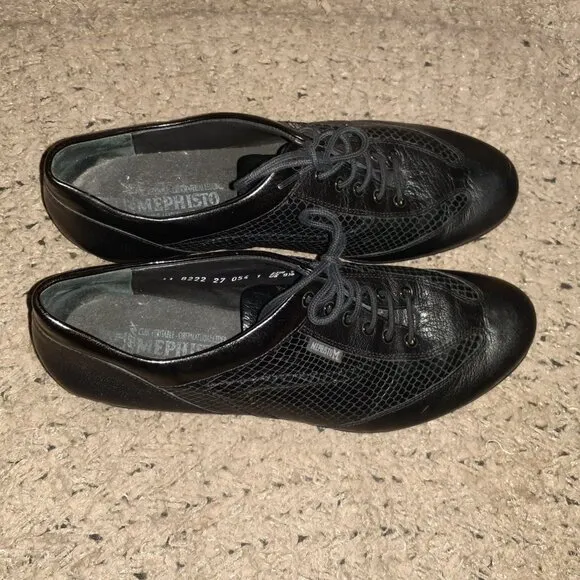 MEPHISTO Air-Jet-Black Leather/Snake Pattern-Lace-Up Sneakers-Sz 9.5-Excellent