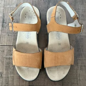 MEPHISTO TAN LEATHER SANDALS VELCRO TOE BUCKLE ANKE SIZE 36
