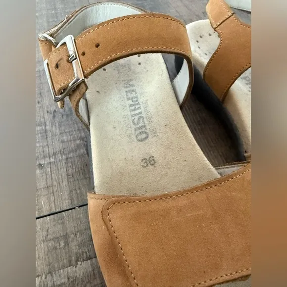 MEPHISTO TAN LEATHER SANDALS VELCRO TOE BUCKLE ANKE SIZE 36