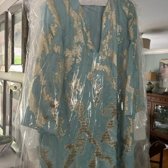 Mestiza Ines Turquoise and Gold Jacquard Dress