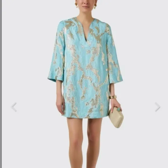 Mestiza Ines Turquoise and Gold Jacquard Dress