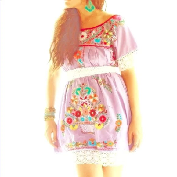Mexican Dress Embroidered  Boho Chic Crochet Mini