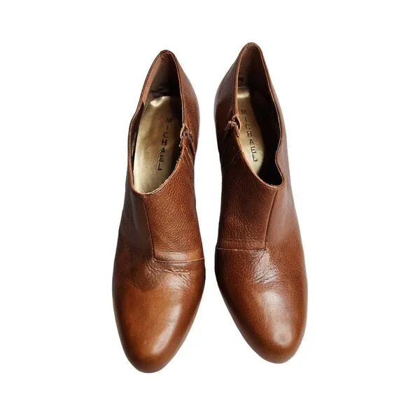 Michael Cognac Brown Leather Stacked Wood Heal Platform Shootie Boots 10
