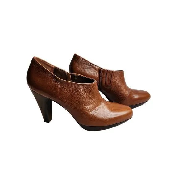 Michael Cognac Brown Leather Stacked Wood Heal Platform Shootie Boots 10
