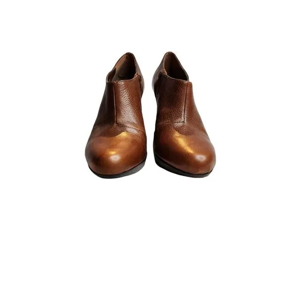 Michael Cognac Brown Leather Stacked Wood Heal Platform Shootie Boots 10