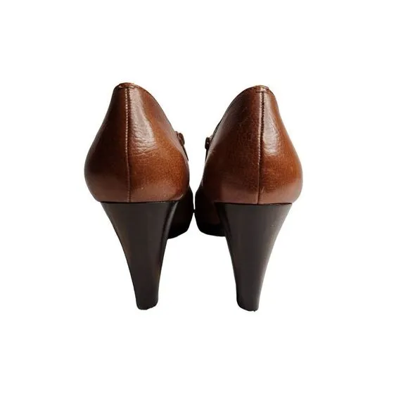 Michael Cognac Brown Leather Stacked Wood Heal Platform Shootie Boots 10