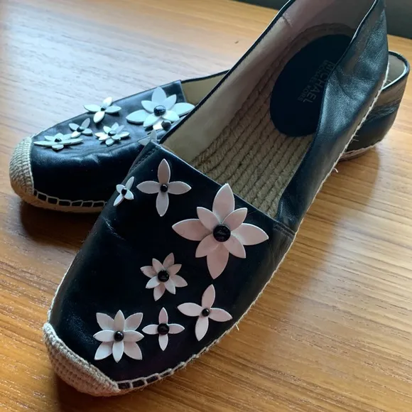 Michael Kors Black Leather Lola Espadrilles White Flowers