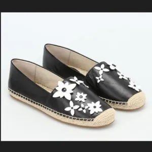 Michael Kors Black Leather Lola Espadrilles White Flowers