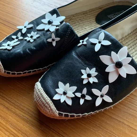 Michael Kors Black Leather Lola Espadrilles White Flowers
