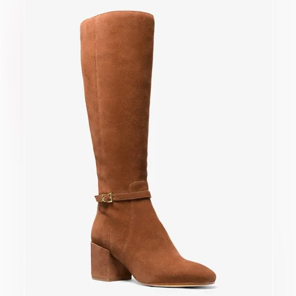 Michael Kors Ella Suede Wide Calf Block Heel Boot Luggage Brown.   7.5WS    NWT