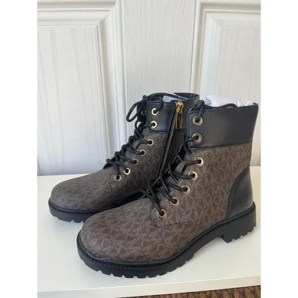 Michael Kors Footwear Alistair Leather Lace Up Monogram Print Combat Bootie Sz 6