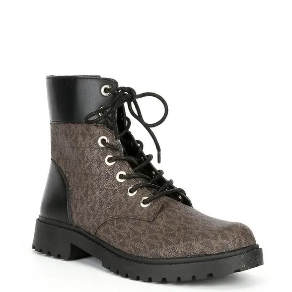 Michael Kors Footwear Alistair Leather Lace Up Monogram Print Combat Bootie Sz 6
