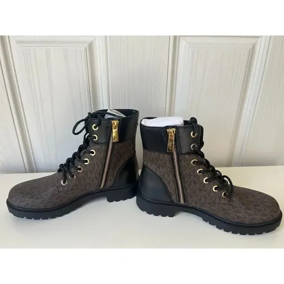Michael Kors Footwear Alistair Leather Lace Up Monogram Print Combat Bootie Sz 6
