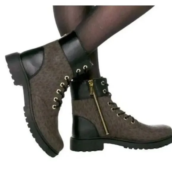 Michael Kors Footwear Alistair Leather Lace Up Monogram Print Combat Bootie Sz 6