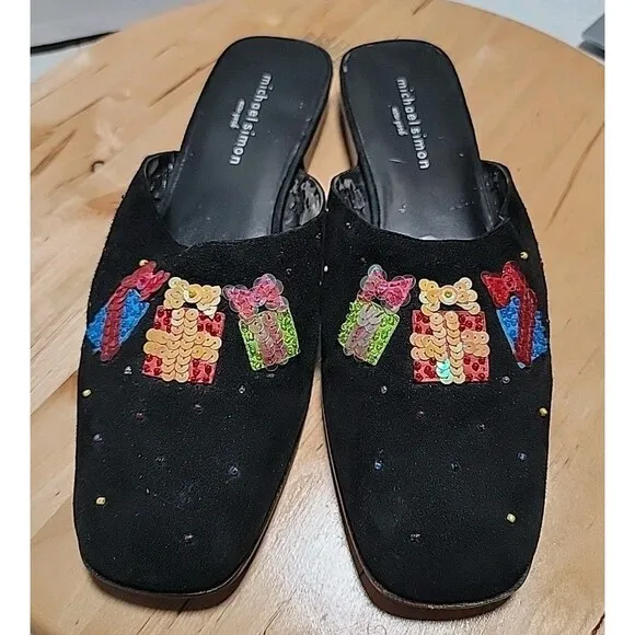 Michael Simon Black With Sequined Christmas Holiday Gift/Present Mules Flats 9