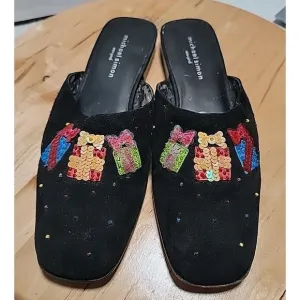 Michael Simon Black With Sequined Christmas Holiday Gift/Present Mules Flats 9