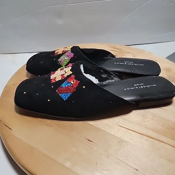 Michael Simon Black With Sequined Christmas Holiday Gift/Present Mules Flats 9