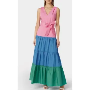 MILLY Nicola Pink Blue Green Tiered Colorblock Cotton Poplin Maxi Dress
