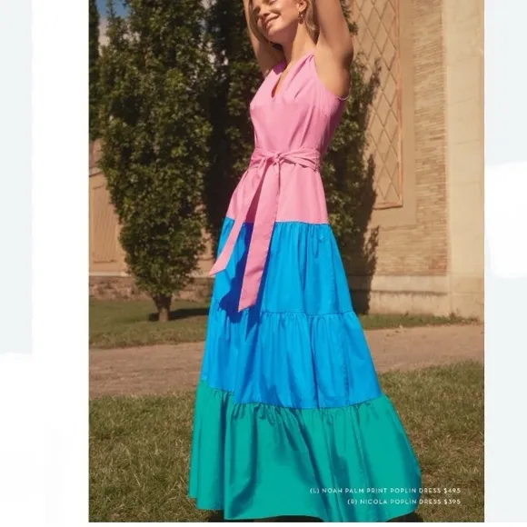 MILLY Nicola Pink Blue Green Tiered Colorblock Cotton Poplin Maxi Dress