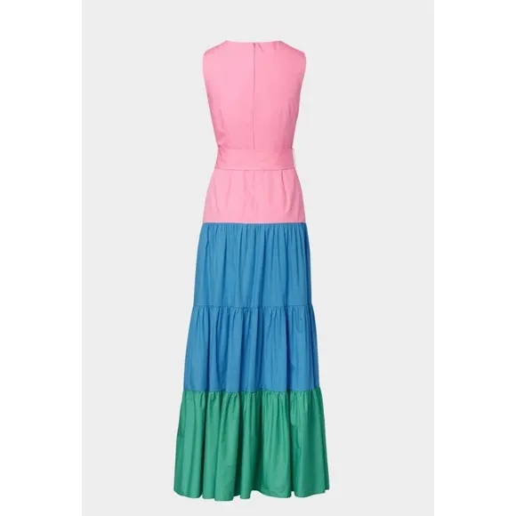 MILLY Nicola Pink Blue Green Tiered Colorblock Cotton Poplin Maxi Dress