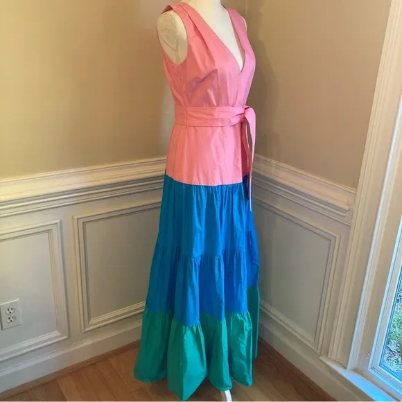 MILLY Nicola Pink Blue Green Tiered Colorblock Cotton Poplin Maxi Dress