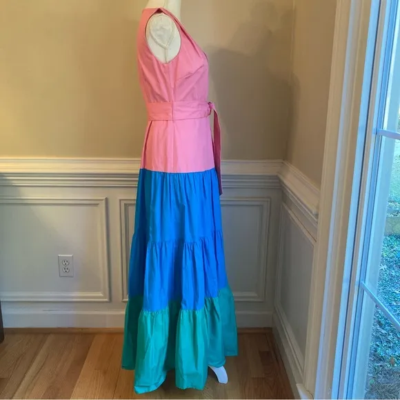 MILLY Nicola Pink Blue Green Tiered Colorblock Cotton Poplin Maxi Dress