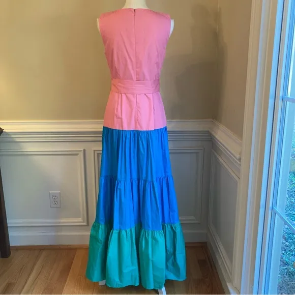 MILLY Nicola Pink Blue Green Tiered Colorblock Cotton Poplin Maxi Dress