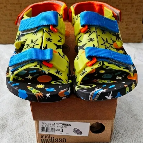 Mini Melissa   Fábula Collab Unisex Space Theme Sandals, Velcro, Size 3, NEW!