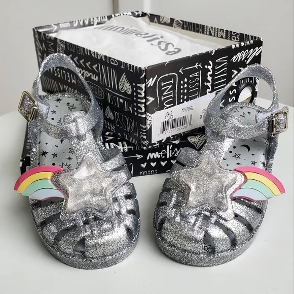 Mini Melissa rainbow star liquid sparkle jelly shoes sandals toddler 9 girls
