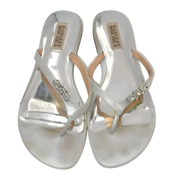 Mischka Luxury Silver Foil Leather Crystal Glam Dress Thong Slides Sandals 8