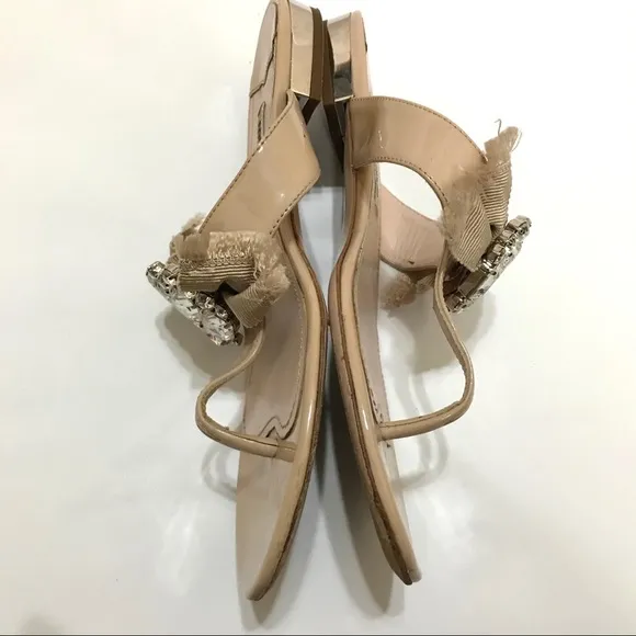 MIU MIU Patent Leather Crystal Embellishment Slides Nude Bow Thong Sandals Sz 35