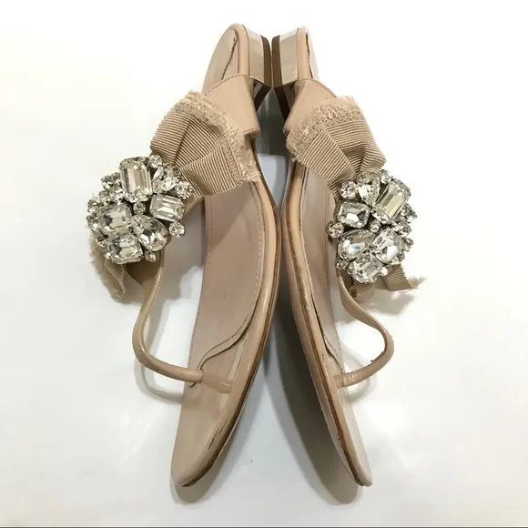 MIU MIU Patent Leather Crystal Embellishment Slides Nude Bow Thong Sandals Sz 35