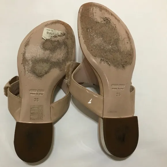 MIU MIU Patent Leather Crystal Embellishment Slides Nude Bow Thong Sandals Sz 35