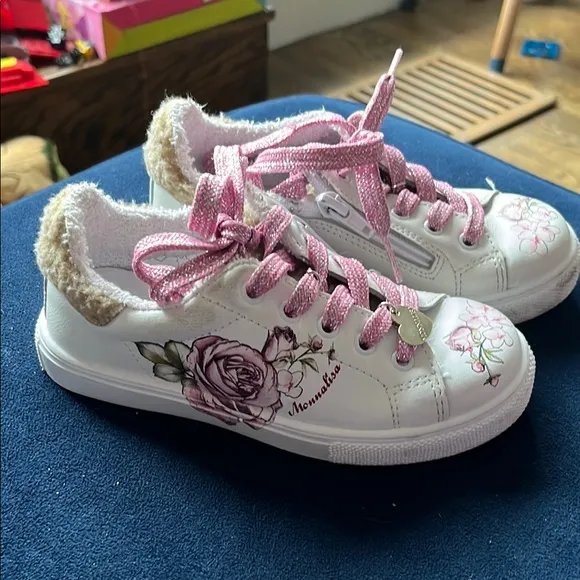 Monnalisa Floral White Sneakers with Pink Accents